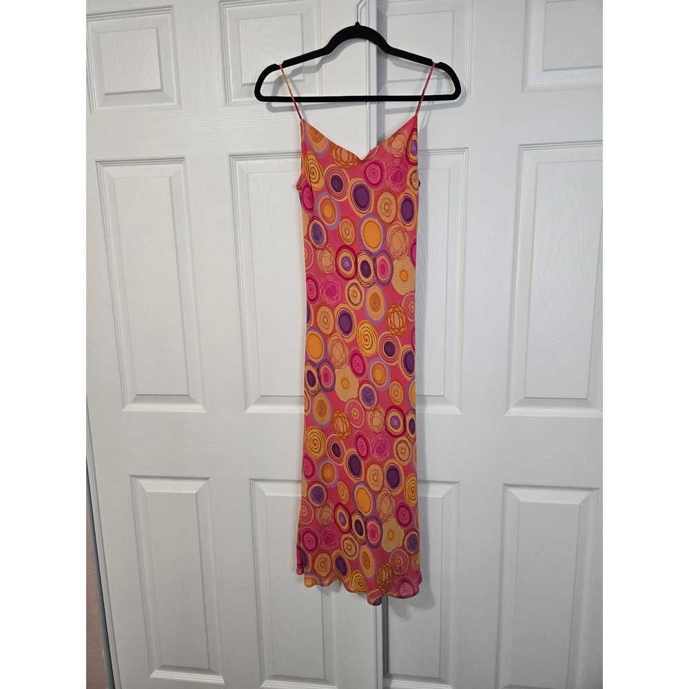 Lapis Vintage 90s Pink Orange Circle Print Rayon Maxi Dress Spaghetti Strap S